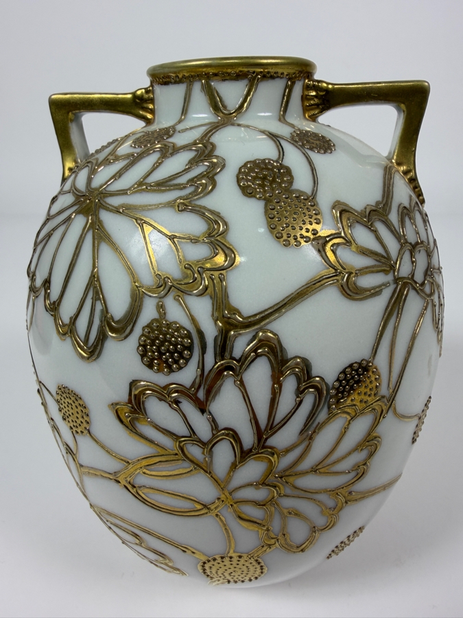 Just Added - Antique Nippon Hand-Painted Porcelain Vase Featuring Ornate Raised Gold Floral Moriage Decoration And Authentic Blue Oriental China Nippon Backstamp, Produced In Japan 5.5'H [Photo 5]