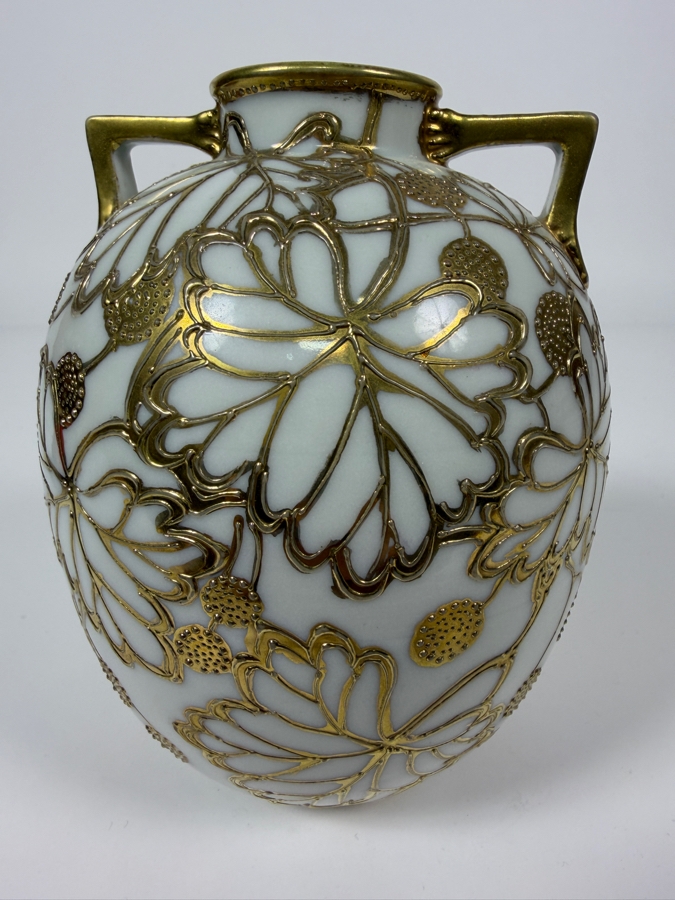 Just Added - Antique Nippon Hand-Painted Porcelain Vase Featuring Ornate Raised Gold Floral Moriage Decoration And Authentic Blue Oriental China Nippon Backstamp, Produced In Japan 5.5'H [Photo 3]