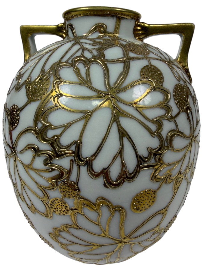 Just Added - Antique Nippon Hand-Painted Porcelain Vase Featuring Ornate Raised Gold Floral Moriage Decoration And Authentic Blue Oriental China Nippon Backstamp, Produced In Japan 5.5'H