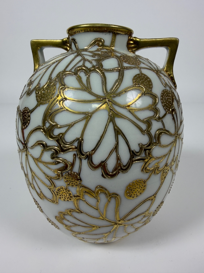 Just Added - Antique Nippon Hand-Painted Porcelain Vase Featuring Ornate Raised Gold Floral Moriage Decoration And Authentic Blue Oriental China Nippon Backstamp, Produced In Japan 5.5'H [Photo 2]