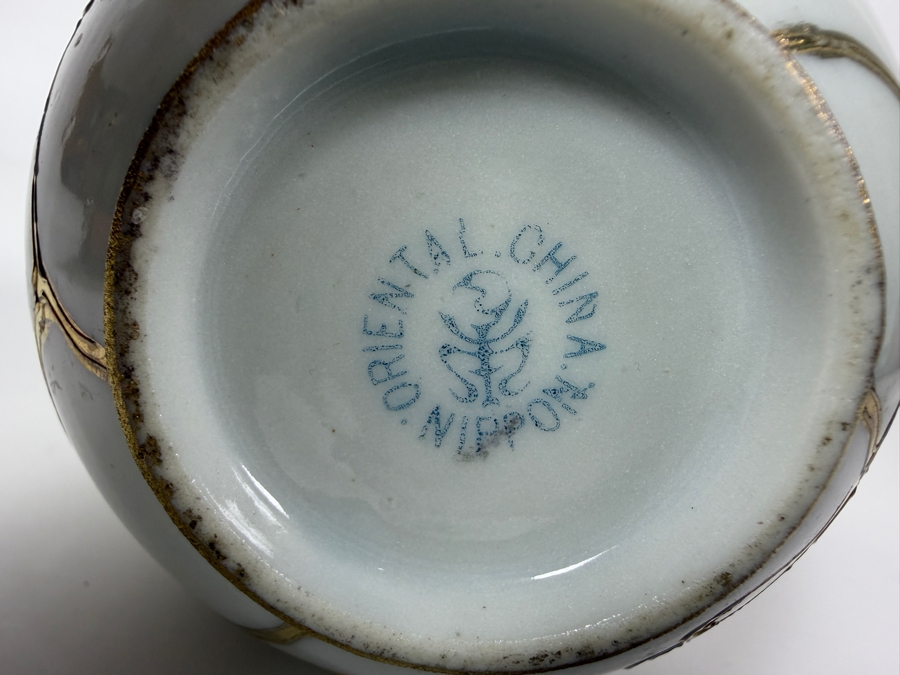Just Added - Antique Nippon Hand-Painted Porcelain Vase Featuring Ornate Raised Gold Floral Moriage Decoration And Authentic Blue Oriental China Nippon Backstamp, Produced In Japan 5.5'H [Photo 6]