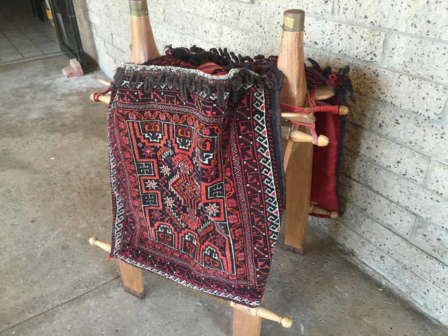 Vintage Baluch Saddle Bag Afghan Carpet With Custom Wooden Display Piece [Photo 4]