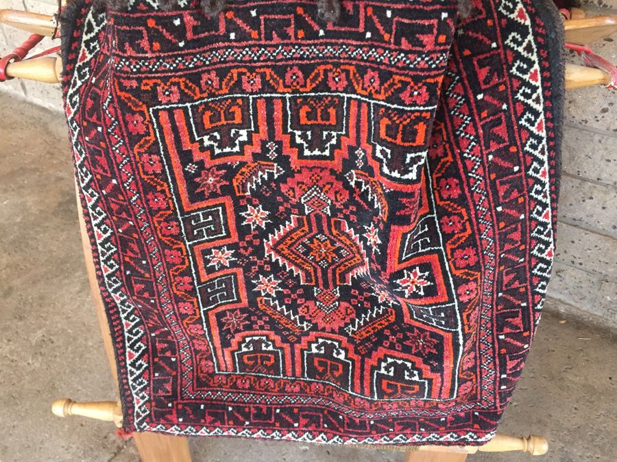Vintage Baluch Saddle Bag Afghan Carpet With Custom Wooden Display Piece [Photo 2]