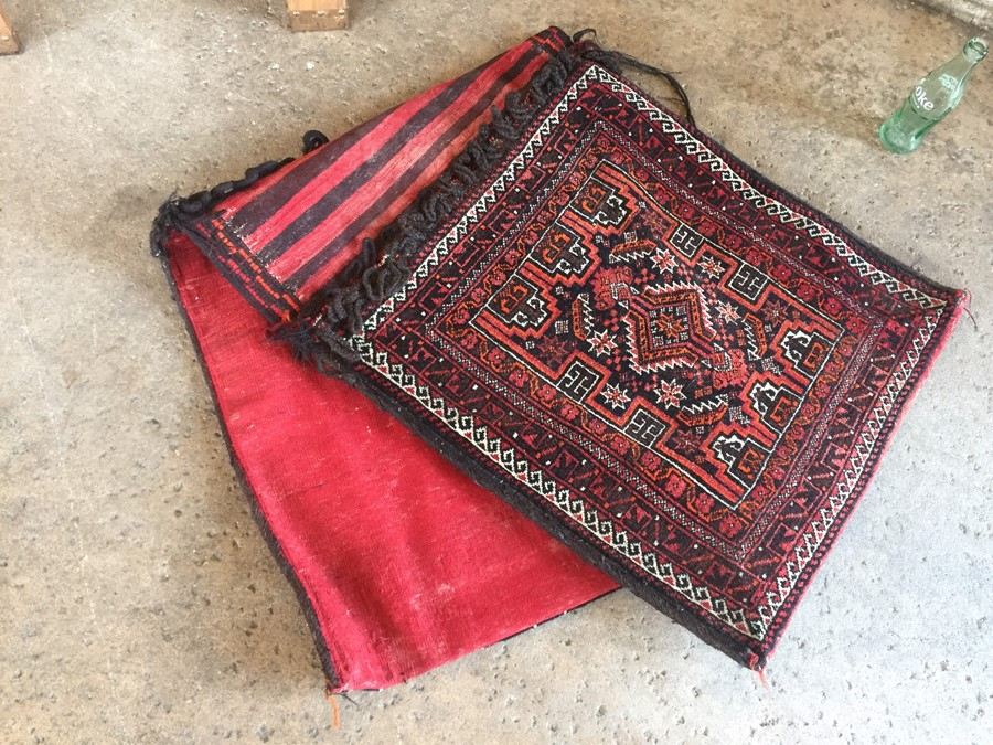 Vintage Baluch Saddle Bag Afghan Carpet With Custom Wooden Display Piece