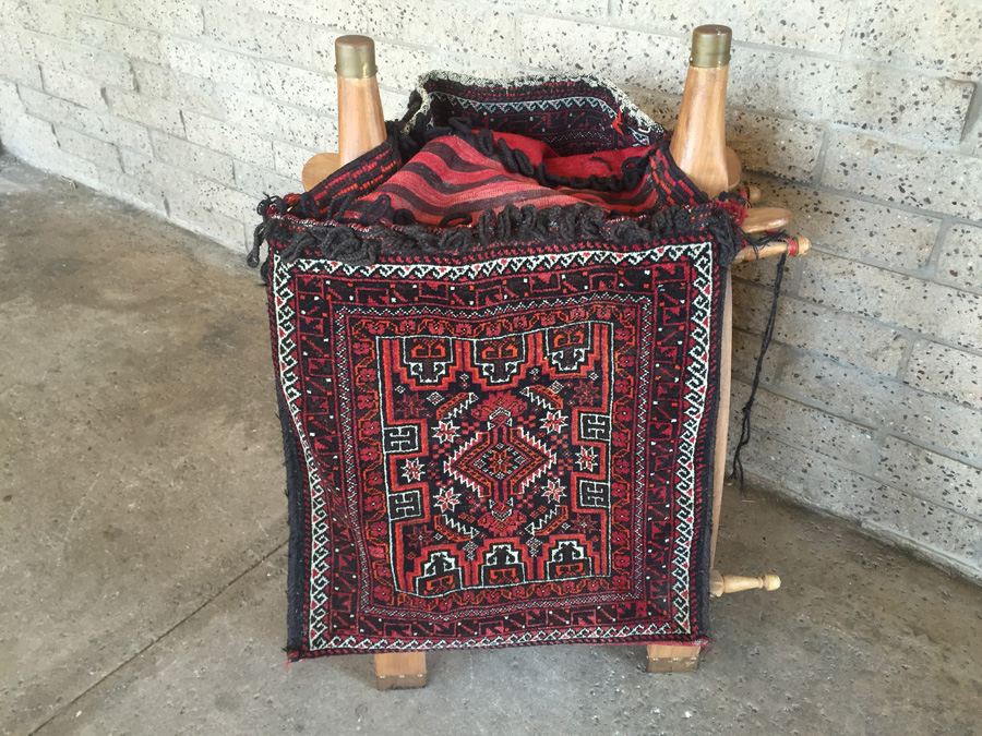 Vintage Baluch Saddle Bag Afghan Carpet With Custom Wooden Display Piece [Photo 7]