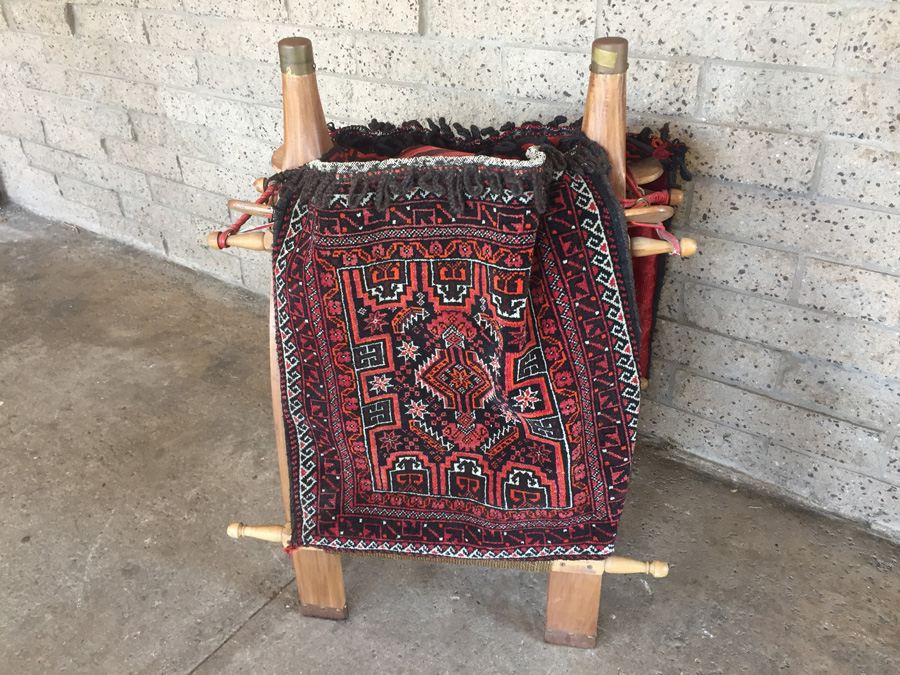 Vintage Baluch Saddle Bag Afghan Carpet With Custom Wooden Display Piece