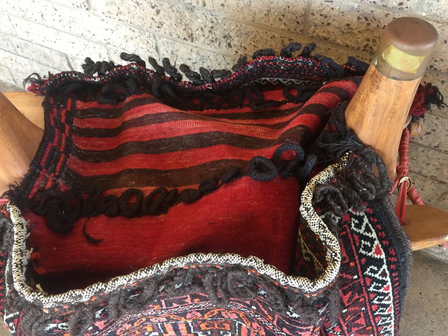 Vintage Baluch Saddle Bag Afghan Carpet With Custom Wooden Display Piece [Photo 3]