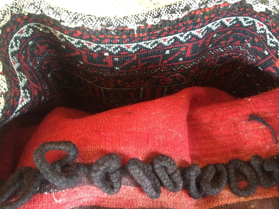 Vintage Baluch Saddle Bag Afghan Carpet With Custom Wooden Display Piece [Photo 6]