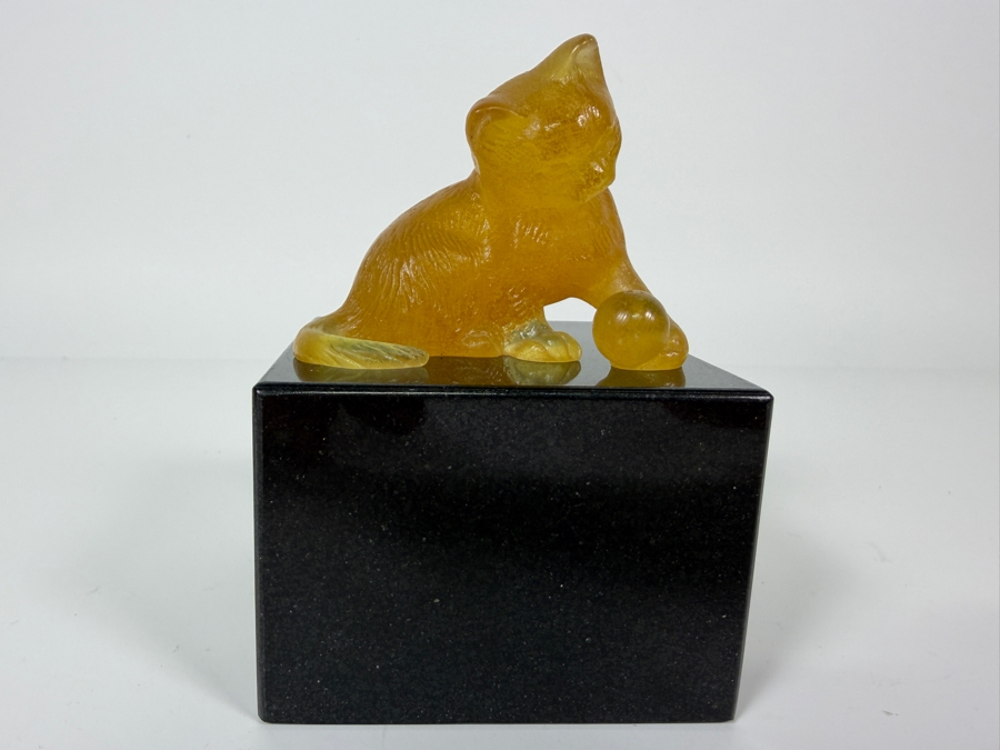 Just Added - Daum France Amber Pâte De Verre Crystal Figurine Featuring A Frosted Translucent Finish And An Authentic Hand-Etched Signature (2.5'H) With Granite Base (2.5'W X 3.5'H) [Photo 2]