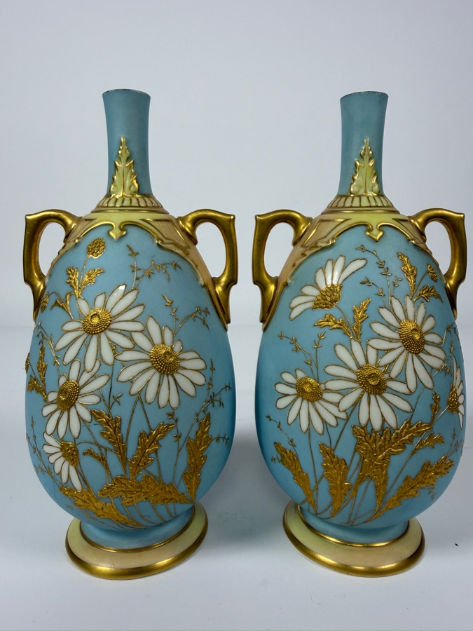 Just Added - Pair Of Antique Royal Worcester Hand-Painted Porcelain Daisy Vases Featuring Gold Moriage Decoration, Twin Gilded Handles, And Royal Worcester Backstamp No. 1762, Produced In England 7.5'H [Photo 2]