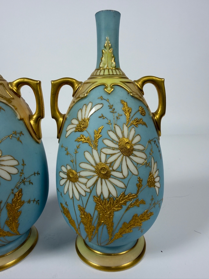 Just Added - Pair Of Antique Royal Worcester Hand-Painted Porcelain Daisy Vases Featuring Gold Moriage Decoration, Twin Gilded Handles, And Royal Worcester Backstamp No. 1762, Produced In England 7.5'H [Photo 4]
