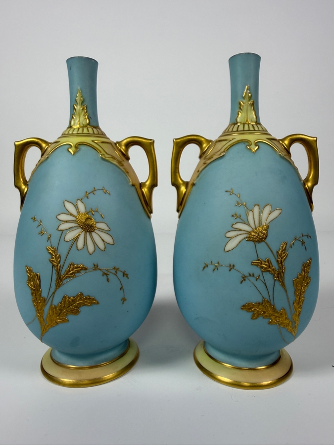 Just Added - Pair Of Antique Royal Worcester Hand-Painted Porcelain Daisy Vases Featuring Gold Moriage Decoration, Twin Gilded Handles, And Royal Worcester Backstamp No. 1762, Produced In England 7.5'H [Photo 6]