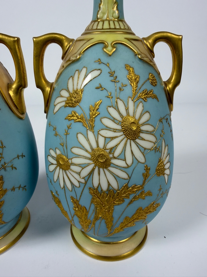 Just Added - Pair Of Antique Royal Worcester Hand-Painted Porcelain Daisy Vases Featuring Gold Moriage Decoration, Twin Gilded Handles, And Royal Worcester Backstamp No. 1762, Produced In England 7.5'H [Photo 5]