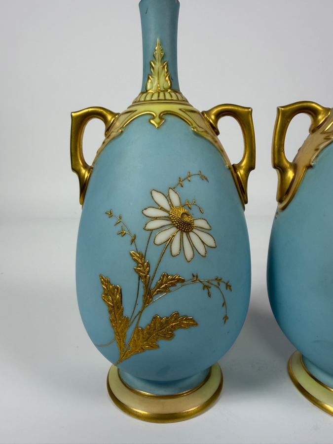 Just Added - Pair Of Antique Royal Worcester Hand-Painted Porcelain Daisy Vases Featuring Gold Moriage Decoration, Twin Gilded Handles, And Royal Worcester Backstamp No. 1762, Produced In England 7.5'H [Photo 7]