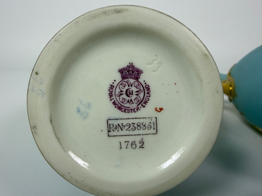 Just Added - Pair Of Antique Royal Worcester Hand-Painted Porcelain Daisy Vases Featuring Gold Moriage Decoration, Twin Gilded Handles, And Royal Worcester Backstamp No. 1762, Produced In England 7.5'H [Photo 9]