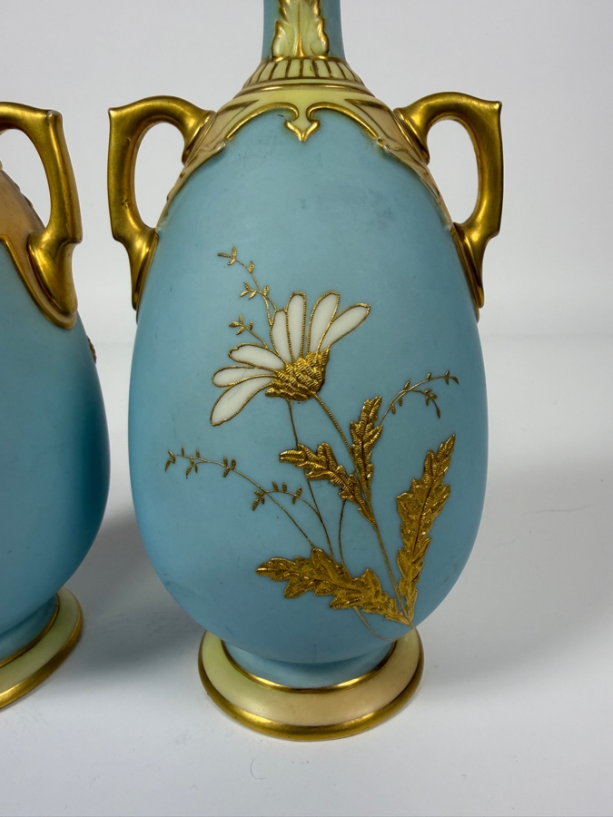 Just Added - Pair Of Antique Royal Worcester Hand-Painted Porcelain Daisy Vases Featuring Gold Moriage Decoration, Twin Gilded Handles, And Royal Worcester Backstamp No. 1762, Produced In England 7.5'H [Photo 8]