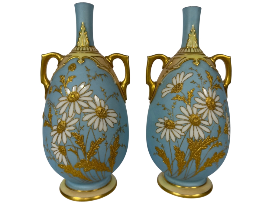 Just Added - Pair Of Antique Royal Worcester Hand-Painted Porcelain Daisy Vases Featuring Gold Moriage Decoration, Twin Gilded Handles, And Royal Worcester Backstamp No. 1762, Produced In England 7.5'H