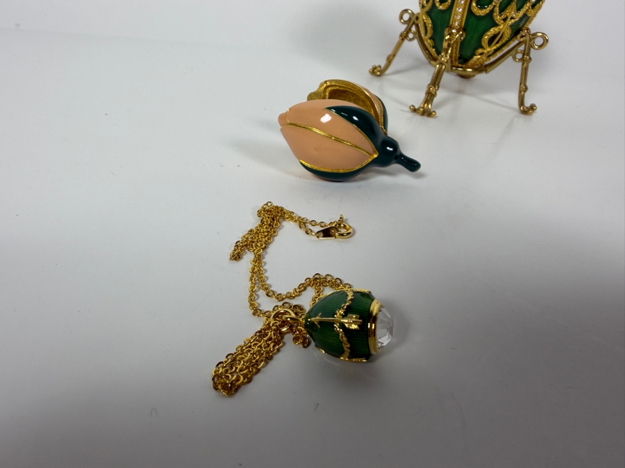 Just Added - Faberge-Style Green Enamel Rosebud Egg Set Featuring A Hinged Pink Enamel Rosebud Surprise And A Matching Egg Pendant Necklace With Gold-Tone Chain 3.25'H [Photo 7]