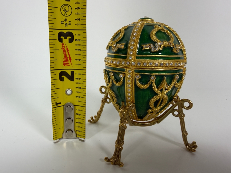 Just Added - Faberge-Style Green Enamel Rosebud Egg Set Featuring A Hinged Pink Enamel Rosebud Surprise And A Matching Egg Pendant Necklace With Gold-Tone Chain 3.25'H [Photo 12]