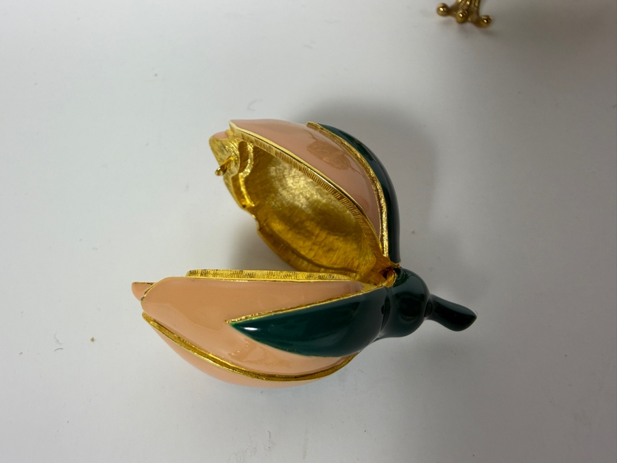 Just Added - Faberge-Style Green Enamel Rosebud Egg Set Featuring A Hinged Pink Enamel Rosebud Surprise And A Matching Egg Pendant Necklace With Gold-Tone Chain 3.25'H [Photo 9]