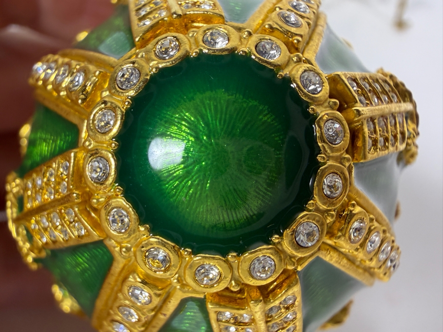 Just Added - Faberge-Style Green Enamel Rosebud Egg Set Featuring A Hinged Pink Enamel Rosebud Surprise And A Matching Egg Pendant Necklace With Gold-Tone Chain 3.25'H [Photo 10]