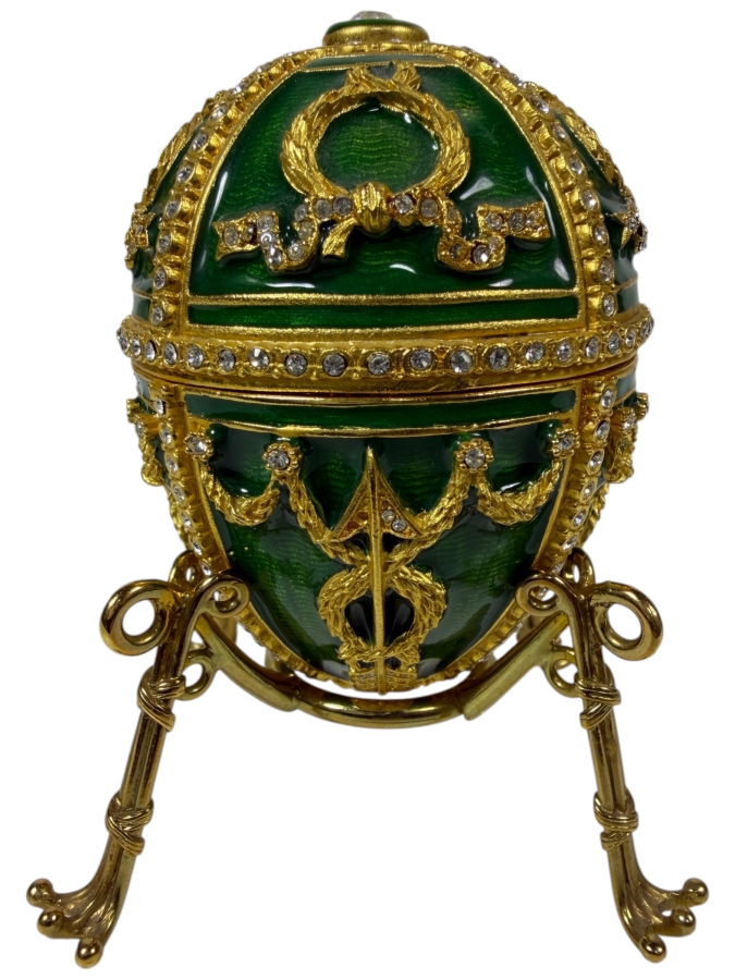 Just Added - Faberge-Style Green Enamel Rosebud Egg Set Featuring A Hinged Pink Enamel Rosebud Surprise And A Matching Egg Pendant Necklace With Gold-Tone Chain 3.25'H