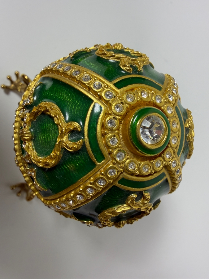 Just Added - Faberge-Style Green Enamel Rosebud Egg Set Featuring A Hinged Pink Enamel Rosebud Surprise And A Matching Egg Pendant Necklace With Gold-Tone Chain 3.25'H [Photo 4]