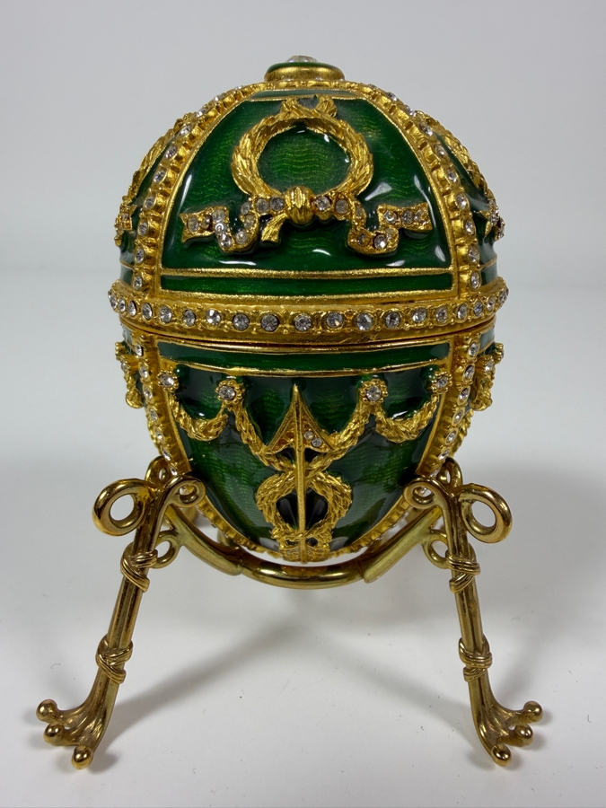 Just Added - Faberge-Style Green Enamel Rosebud Egg Set Featuring A Hinged Pink Enamel Rosebud Surprise And A Matching Egg Pendant Necklace With Gold-Tone Chain 3.25'H [Photo 2]