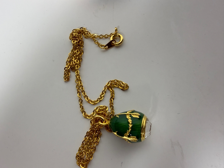 Just Added - Faberge-Style Green Enamel Rosebud Egg Set Featuring A Hinged Pink Enamel Rosebud Surprise And A Matching Egg Pendant Necklace With Gold-Tone Chain 3.25'H [Photo 8]