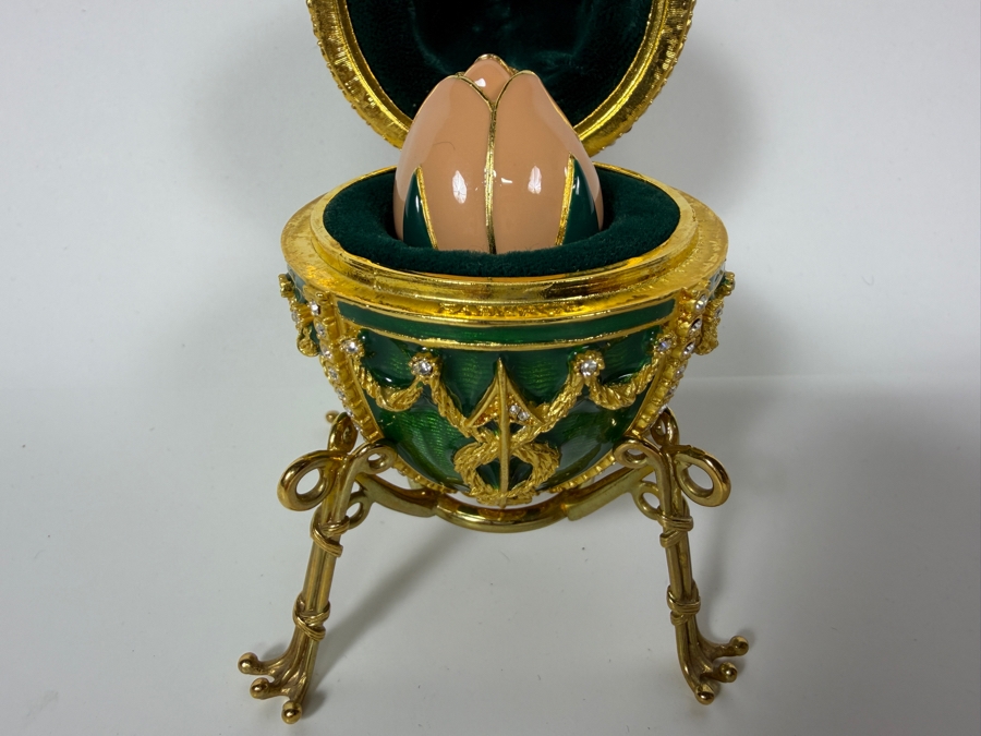 Just Added - Faberge-Style Green Enamel Rosebud Egg Set Featuring A Hinged Pink Enamel Rosebud Surprise And A Matching Egg Pendant Necklace With Gold-Tone Chain 3.25'H [Photo 6]