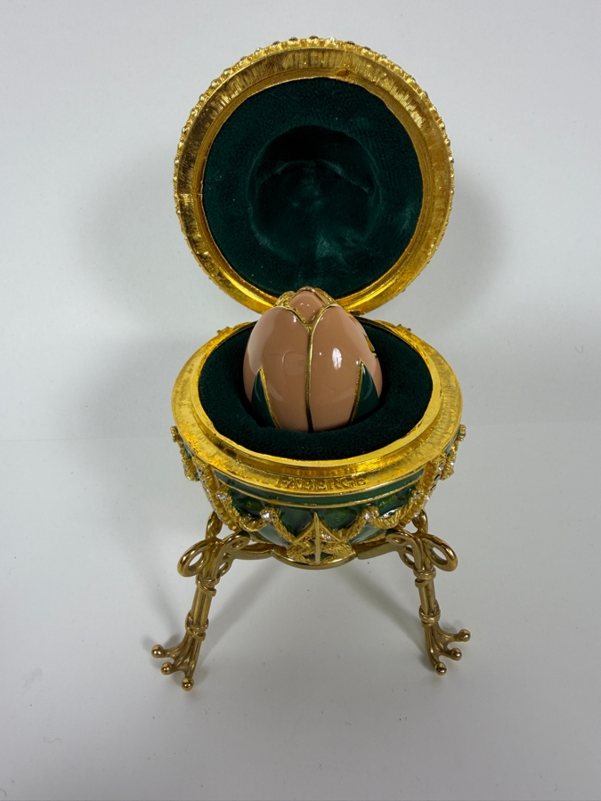 Just Added - Faberge-Style Green Enamel Rosebud Egg Set Featuring A Hinged Pink Enamel Rosebud Surprise And A Matching Egg Pendant Necklace With Gold-Tone Chain 3.25'H [Photo 5]