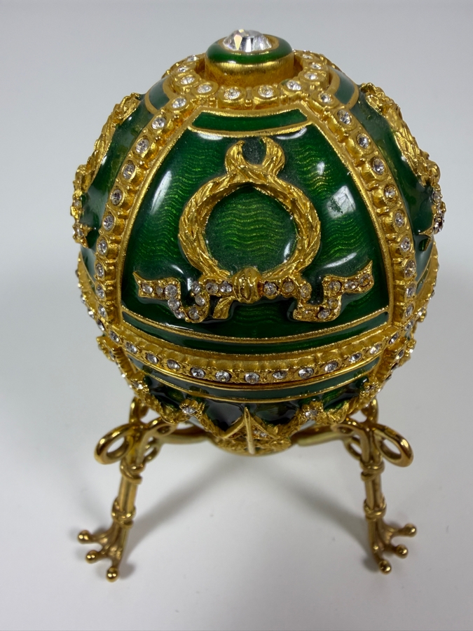 Just Added - Faberge-Style Green Enamel Rosebud Egg Set Featuring A Hinged Pink Enamel Rosebud Surprise And A Matching Egg Pendant Necklace With Gold-Tone Chain 3.25'H [Photo 3]
