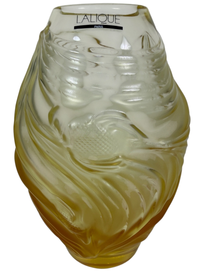 Just Added - Lalique Amber Crystal 'Poissons Combattants' Small Vase Handcrafted In France Featuring A Sculpted Fighting Fish Motif And Satin Finish 7'H