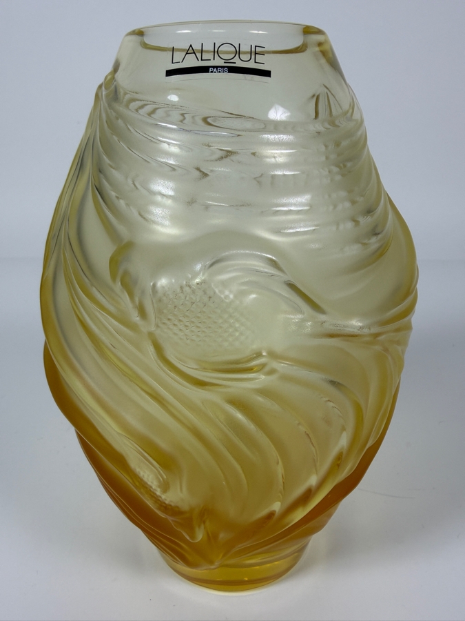 Just Added - Lalique Amber Crystal 'Poissons Combattants' Small Vase Handcrafted In France Featuring A Sculpted Fighting Fish Motif And Satin Finish 7'H [Photo 2]