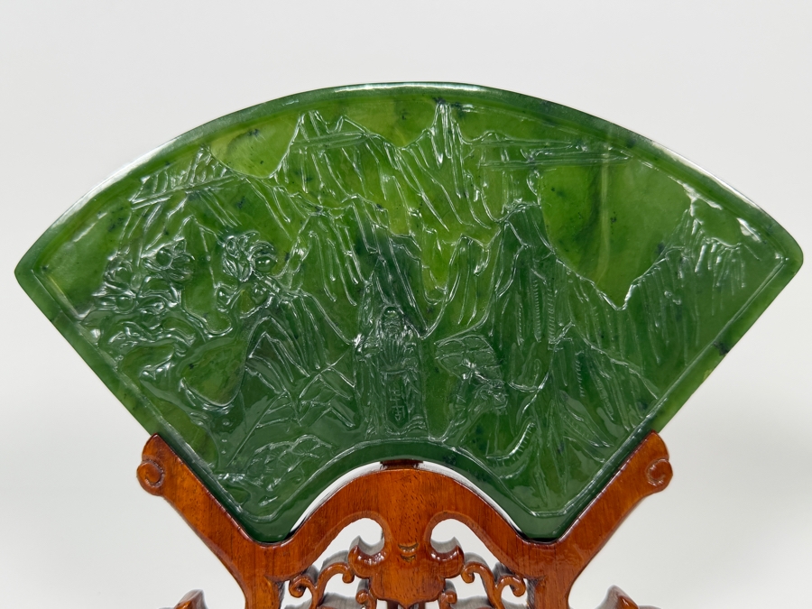 Just Added - Large Antique-Style Chinese Spinach Green Nephrite Jade Fan-Shaped Table Screen Featuring A Hand-Carved Landscape With Scholars And Mountains On An Ornate Hardwood Stand 9'W X 7'H [Photo 3]