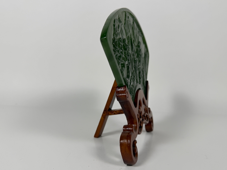 Just Added - Large Antique-Style Chinese Spinach Green Nephrite Jade Fan-Shaped Table Screen Featuring A Hand-Carved Landscape With Scholars And Mountains On An Ornate Hardwood Stand 9'W X 7'H [Photo 5]