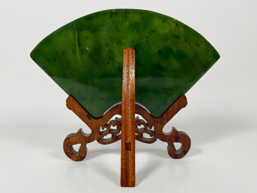 Just Added - Large Antique-Style Chinese Spinach Green Nephrite Jade Fan-Shaped Table Screen Featuring A Hand-Carved Landscape With Scholars And Mountains On An Ornate Hardwood Stand 9'W X 7'H [Photo 6]