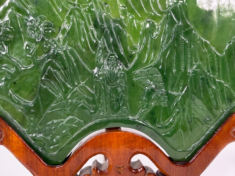 Just Added - Large Antique-Style Chinese Spinach Green Nephrite Jade Fan-Shaped Table Screen Featuring A Hand-Carved Landscape With Scholars And Mountains On An Ornate Hardwood Stand 9'W X 7'H [Photo 4]