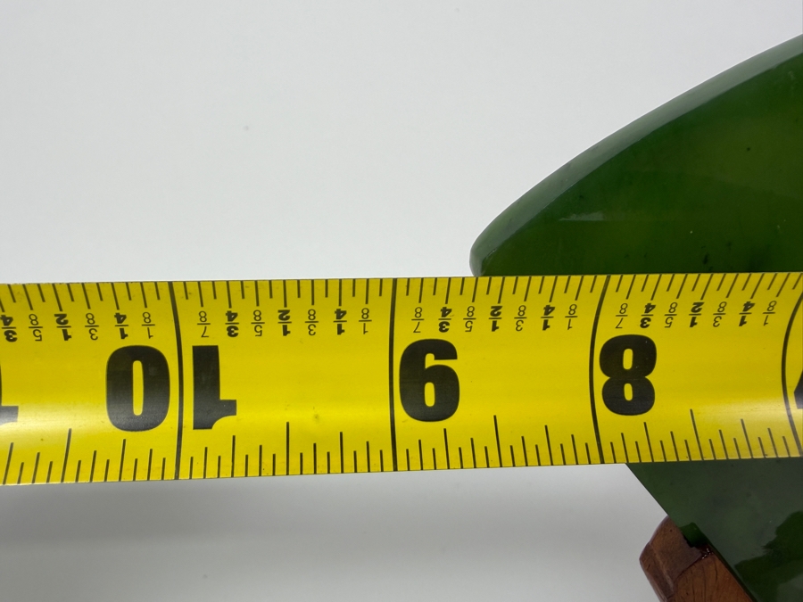 Just Added - Large Antique-Style Chinese Spinach Green Nephrite Jade Fan-Shaped Table Screen Featuring A Hand-Carved Landscape With Scholars And Mountains On An Ornate Hardwood Stand 9'W X 7'H [Photo 7]