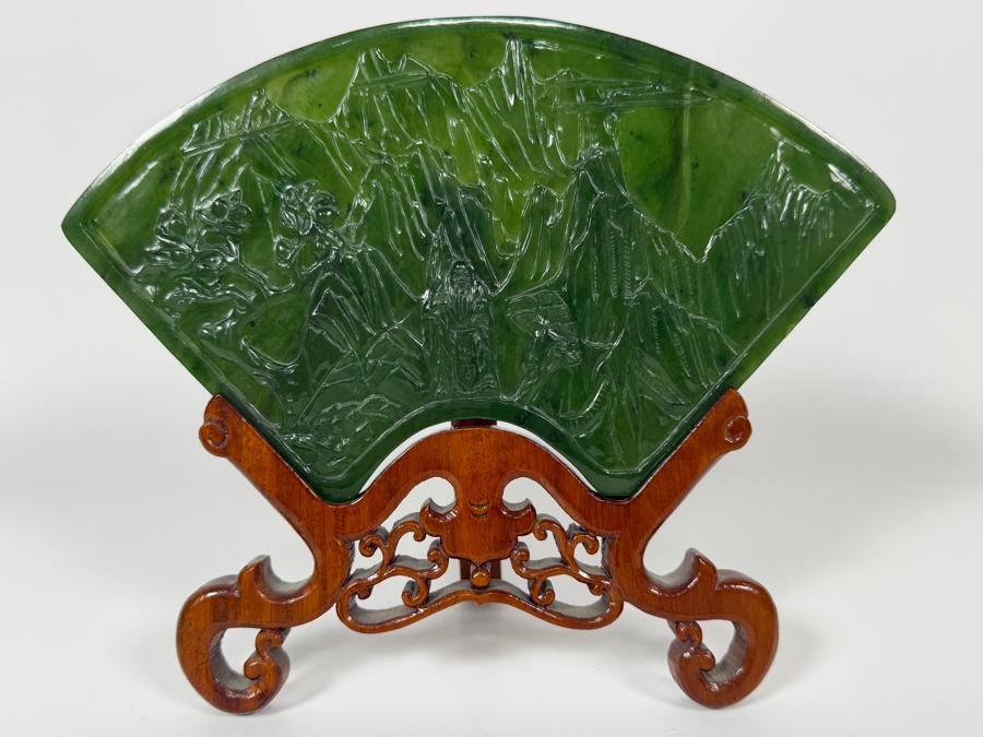 Just Added - Large Antique-Style Chinese Spinach Green Nephrite Jade Fan-Shaped Table Screen Featuring A Hand-Carved Landscape With Scholars And Mountains On An Ornate Hardwood Stand 9'W X 7'H [Photo 2]