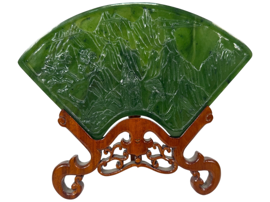 Just Added - Large Antique-Style Chinese Spinach Green Nephrite Jade Fan-Shaped Table Screen Featuring A Hand-Carved Landscape With Scholars And Mountains On An Ornate Hardwood Stand 9'W X 7'H