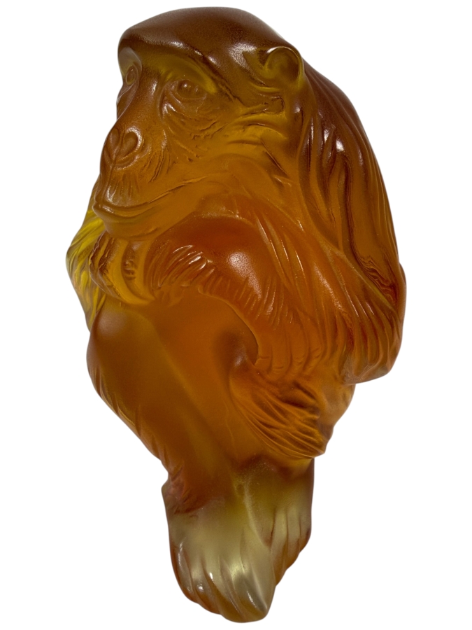 Just Added - Lalique France Amber Frosted Crystal Chimpanzee Figurine With Satin Finish And Engraved Signature On The Base