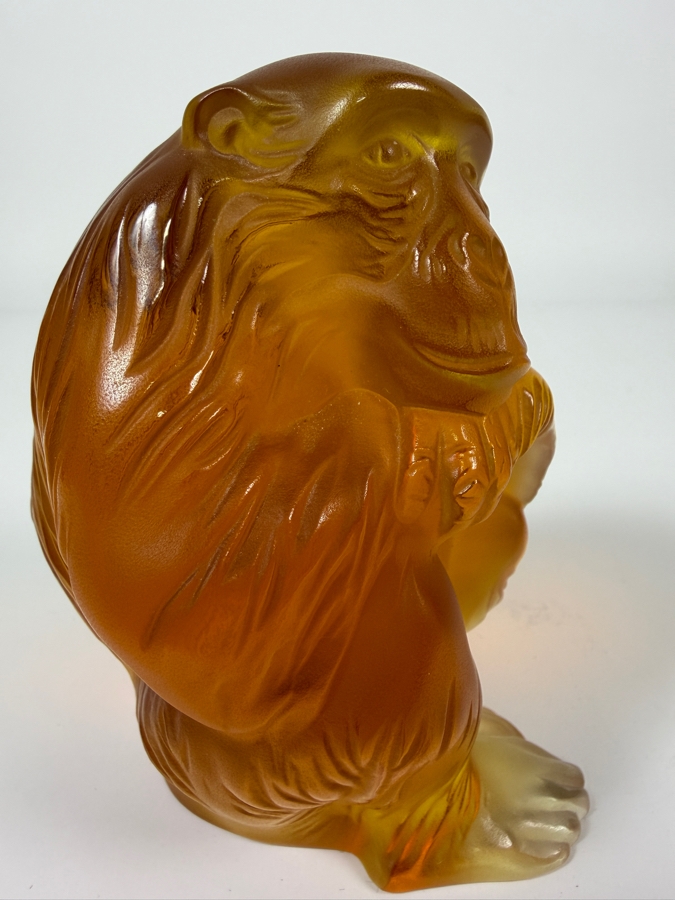 Just Added - Lalique France Amber Frosted Crystal Chimpanzee Figurine With Satin Finish And Engraved Signature On The Base [Photo 6]