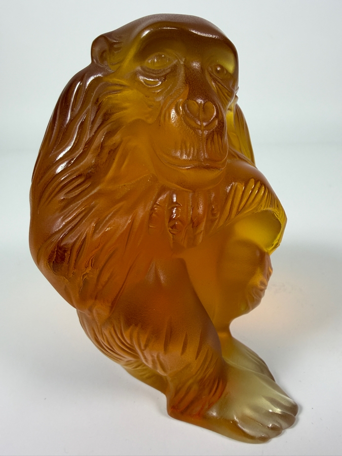 Just Added - Lalique France Amber Frosted Crystal Chimpanzee Figurine With Satin Finish And Engraved Signature On The Base [Photo 7]