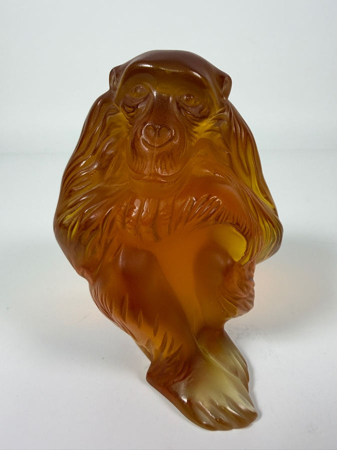 Just Added - Lalique France Amber Frosted Crystal Chimpanzee Figurine With Satin Finish And Engraved Signature On The Base [Photo 2]