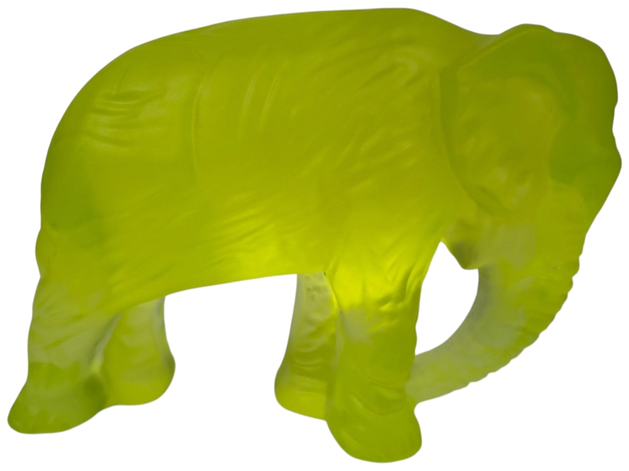 Just Added - Vintage Art Deco Bohemian Satin Finish Yellow Uranium Glass Elephant Figurine 5'W X 3.5'H