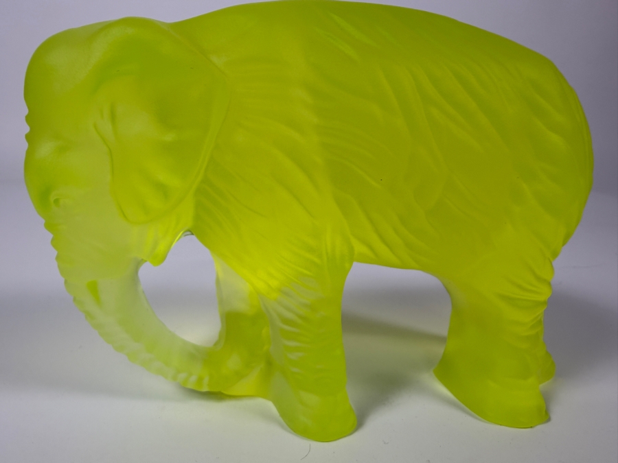 Just Added - Vintage Art Deco Bohemian Satin Finish Yellow Uranium Glass Elephant Figurine 5'W X 3.5'H [Photo 6]