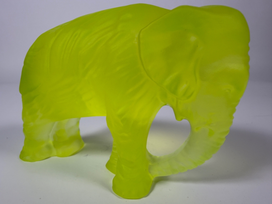 Just Added - Vintage Art Deco Bohemian Satin Finish Yellow Uranium Glass Elephant Figurine 5'W X 3.5'H [Photo 3]