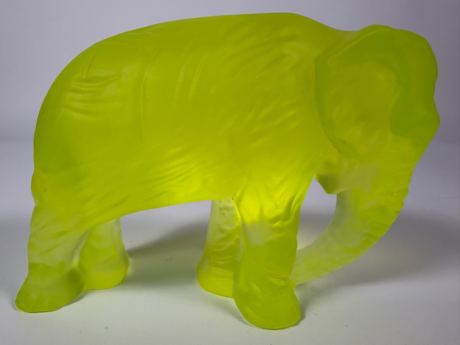 Just Added - Vintage Art Deco Bohemian Satin Finish Yellow Uranium Glass Elephant Figurine 5'W X 3.5'H [Photo 2]