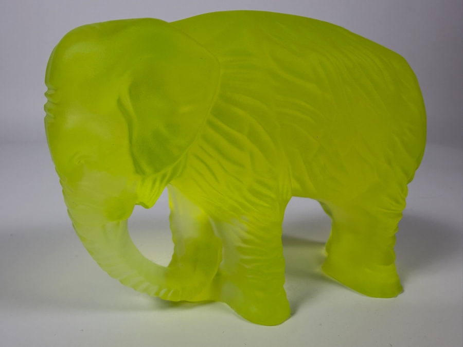 Just Added - Vintage Art Deco Bohemian Satin Finish Yellow Uranium Glass Elephant Figurine 5'W X 3.5'H [Photo 5]